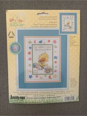 Vintage Janlynn Little Suzy's Zoo Counted Cross Stitch Birth Announcement Kit